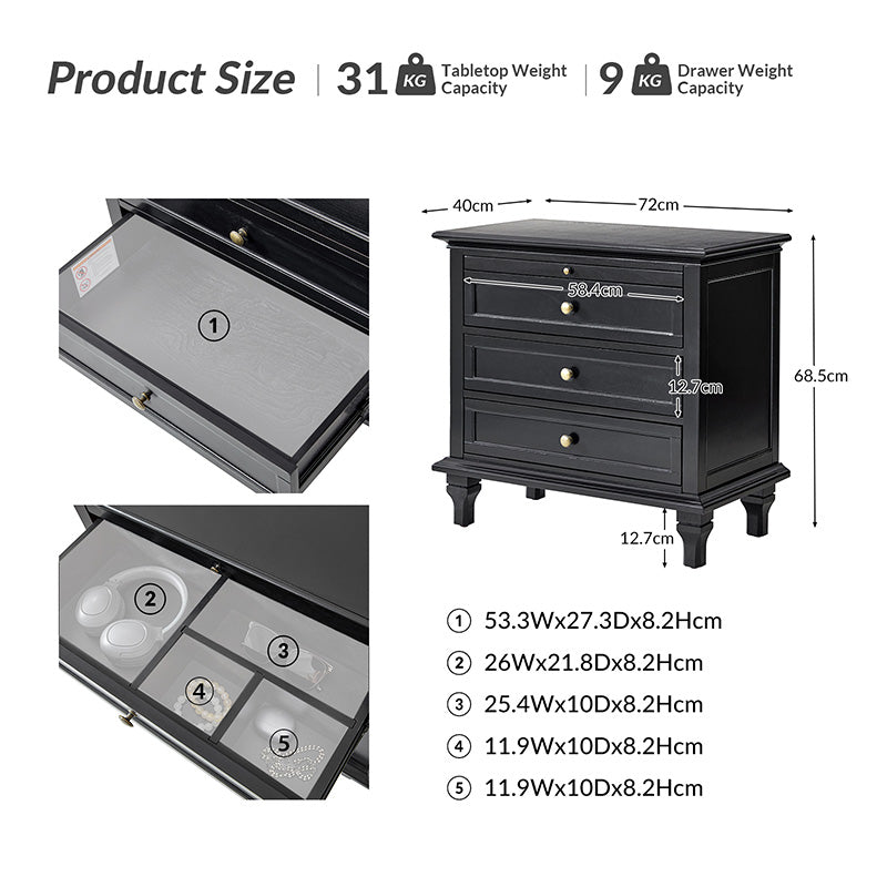 Galatea Farmhouse 3-Drawer Nightstand with Shelf & Charging Port