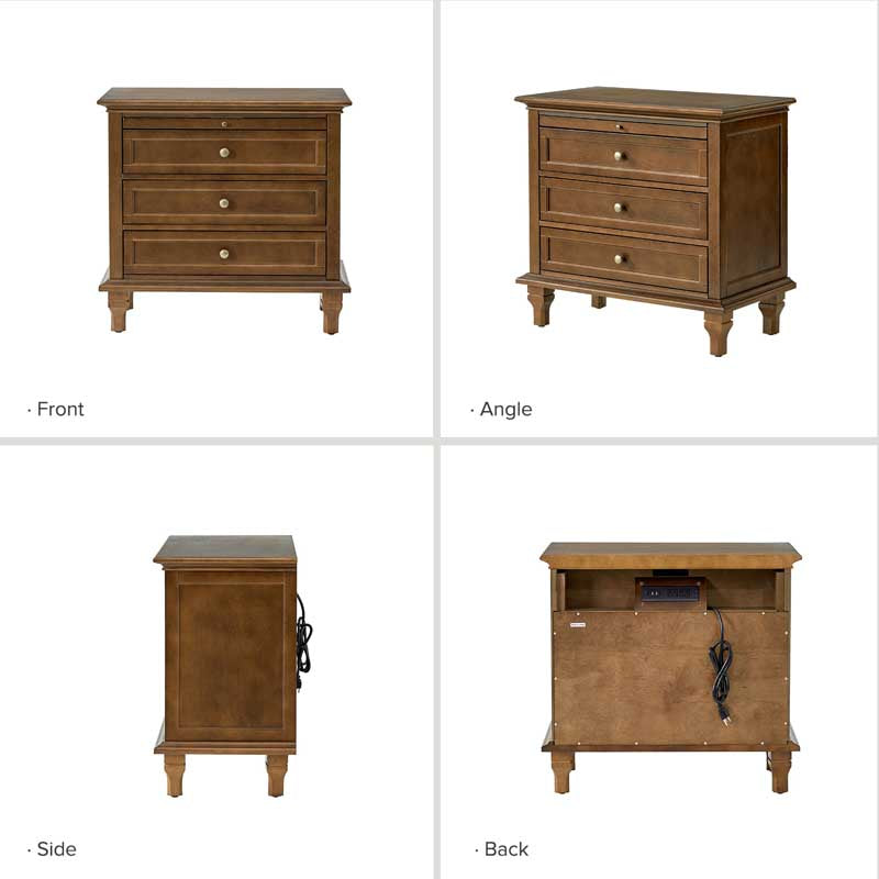 Galatea Farmhouse 3-Drawer Nightstand with Shelf & Charging Port
