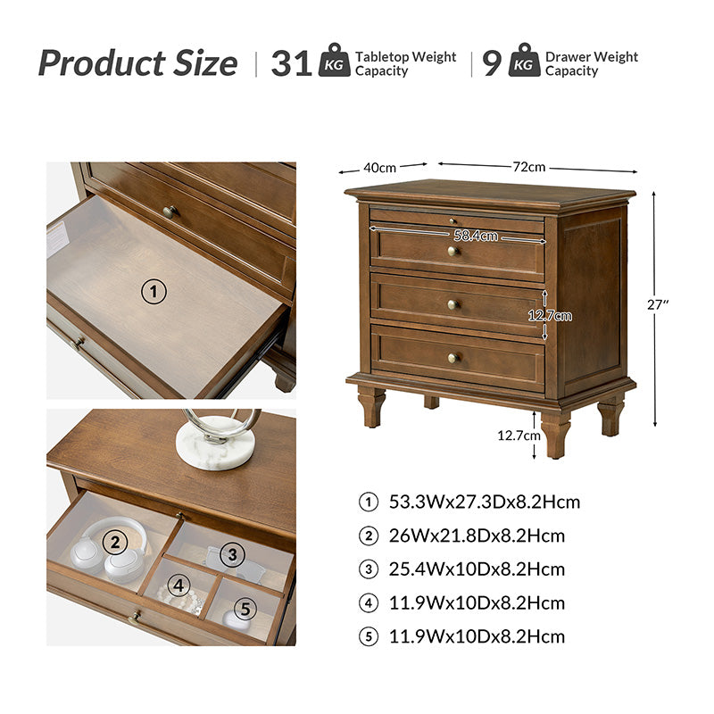 Galatea Farmhouse 3-Drawer Nightstand with Shelf & Charging Port