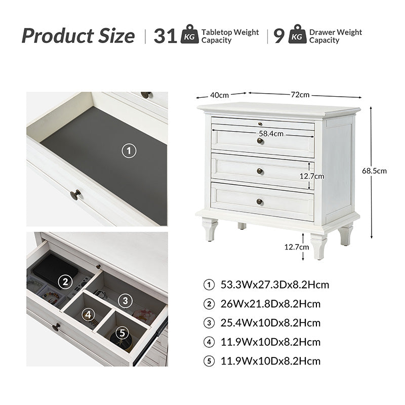 Galatea Farmhouse 3-Drawer Nightstand with Shelf & Charging Port
