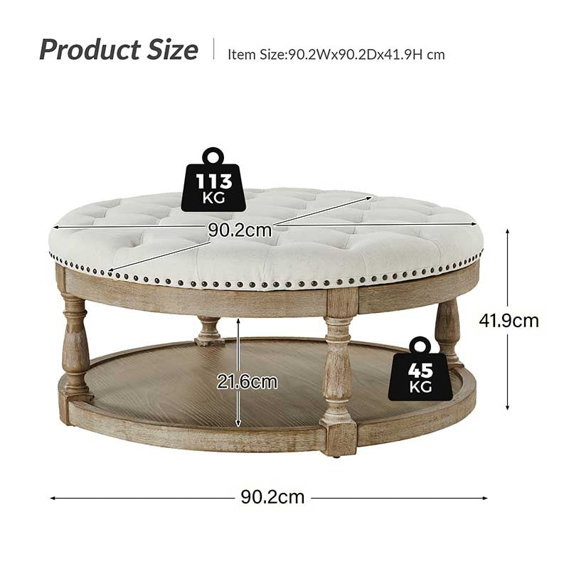 Danilynn Tufted Round Ottoman Coffee Table with Storage Shelf