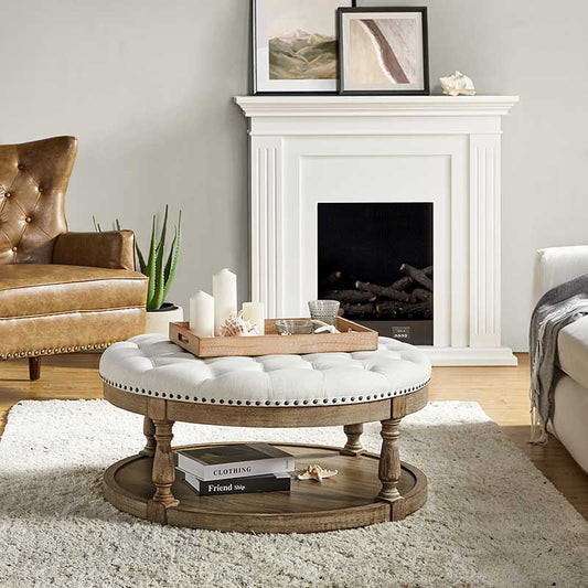 Danilynn Tufted Round Ottoman Coffee Table with Storage Shelf