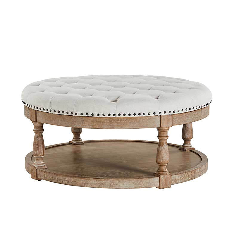 Danilynn Tufted Round Ottoman Coffee Table with Storage Shelf