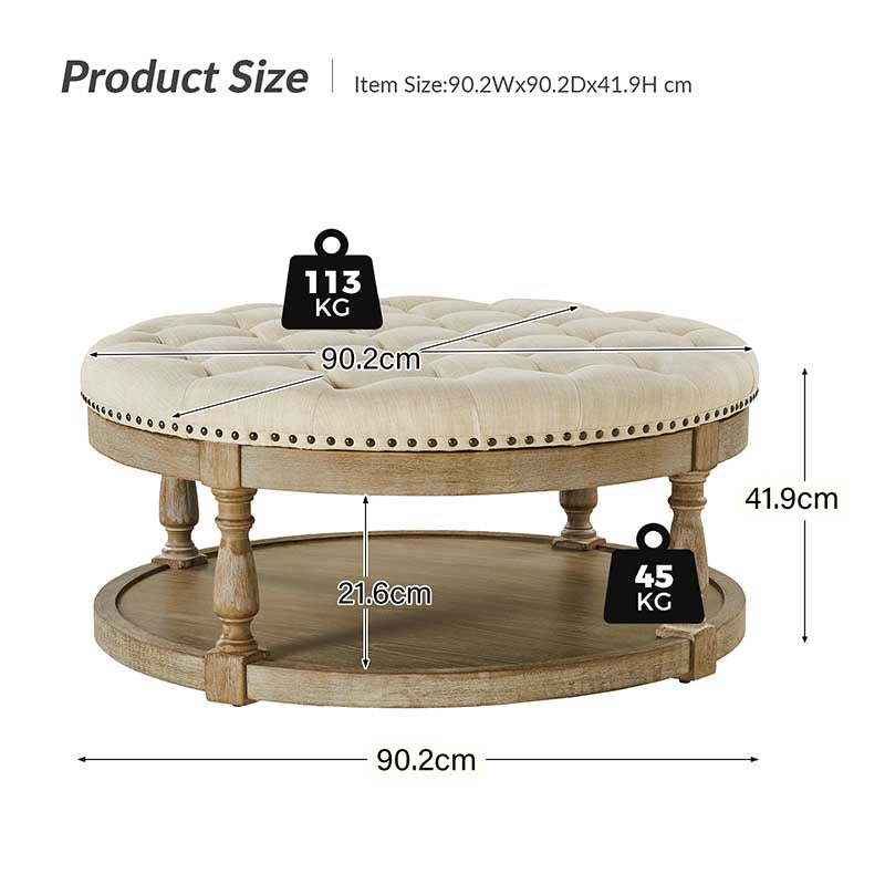 Danilynn Tufted Round Ottoman Coffee Table with Storage Shelf