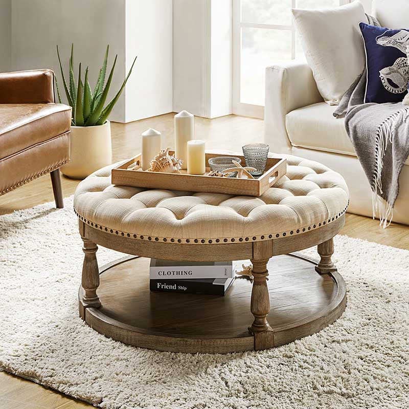 Danilynn Tufted Round Ottoman Coffee Table with Storage Shelf