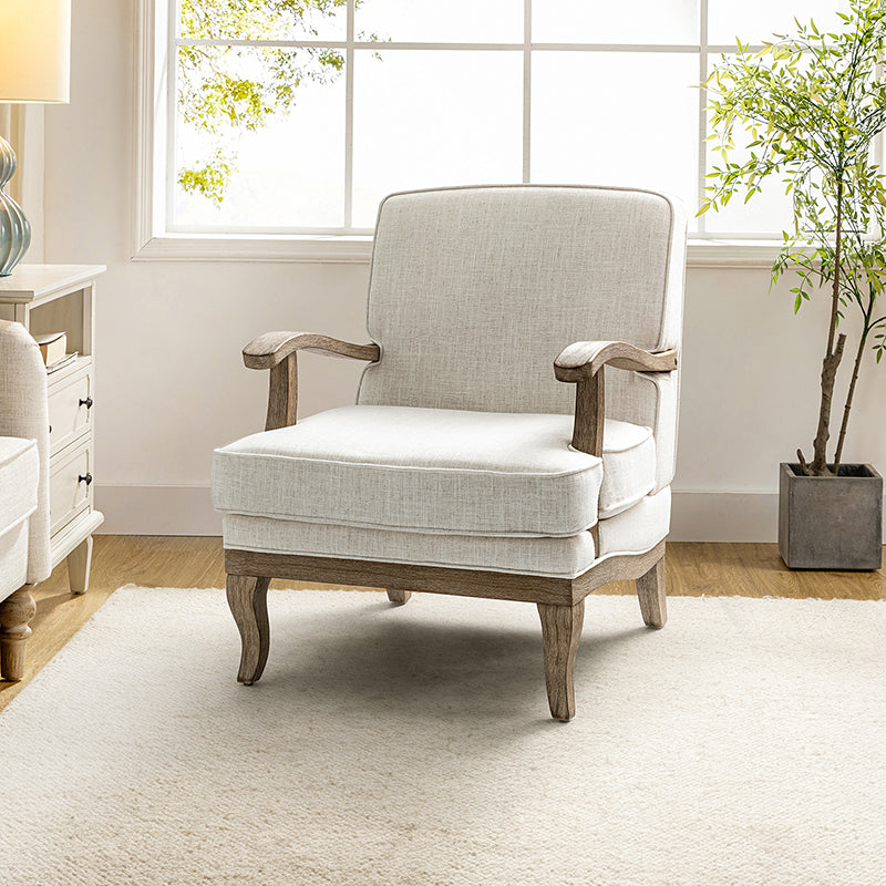 Randolph Farmhouse Upholstered Accent Chair with Solid Wood Arms