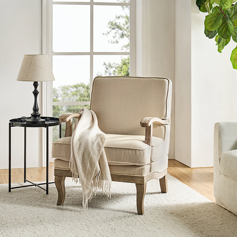Randolph Farmhouse Upholstered Accent Chair with Solid Wood Arms