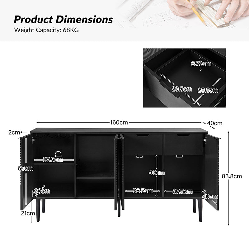 Lasse Modern 4-Door Sideboard with Drawers, Wine Rack & Storage Shelves