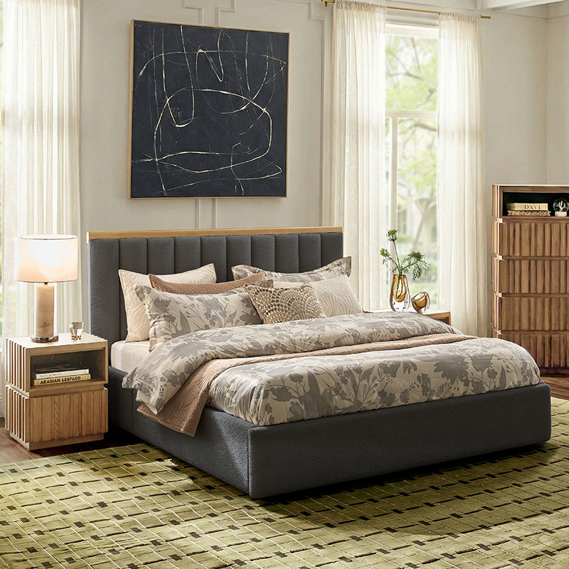 Modory Upholstered Bed Frame with Modular Headboard & Side Storage