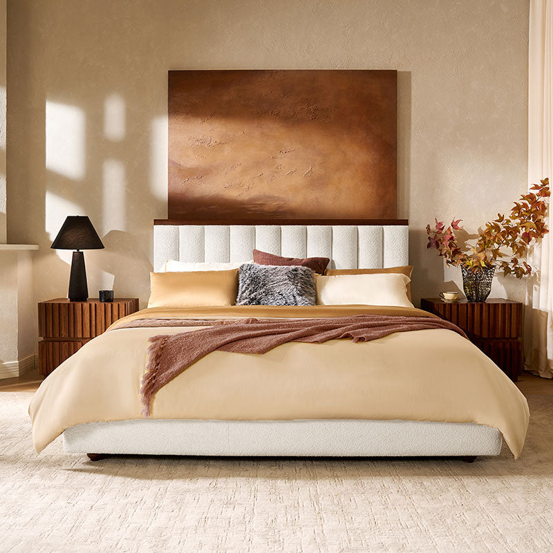 Moro Modular Modern Upholstered Bed with Wooden Slatted Border