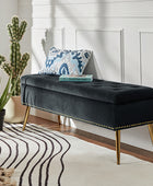 Velvet Upholstered Storage Bench with Gold Base & Nailhead Trim