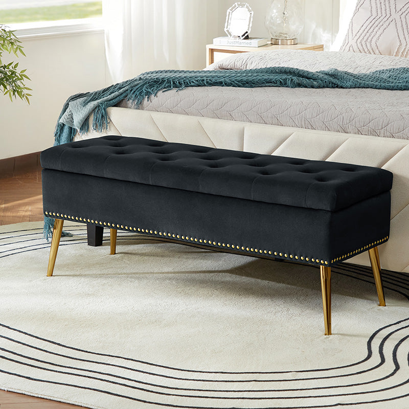 Velvet Upholstered Storage Bench with Gold Base & Nailhead Trim
