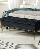 Velvet Upholstered Storage Bench with Gold Base & Nailhead Trim