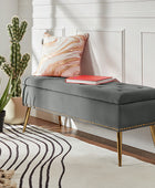 Velvet Upholstered Storage Bench with Gold Base & Nailhead Trim