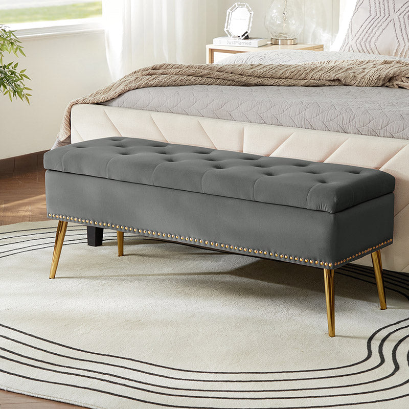 Velvet Upholstered Storage Bench with Gold Base & Nailhead Trim