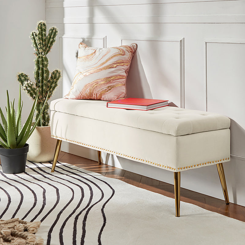 Velvet Upholstered Storage Bench with Gold Base & Nailhead Trim