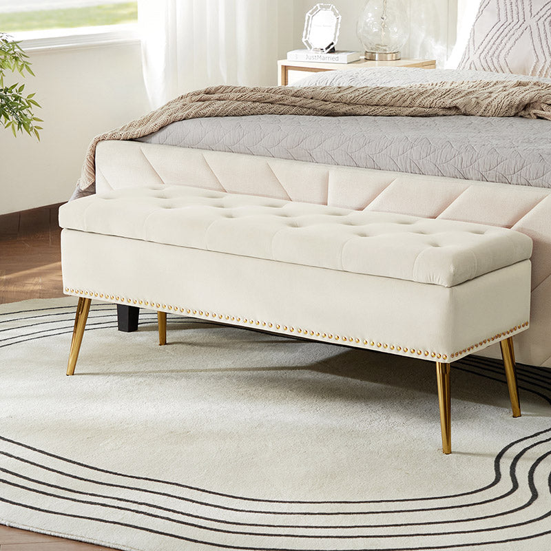 Velvet Upholstered Storage Bench with Gold Base & Nailhead Trim