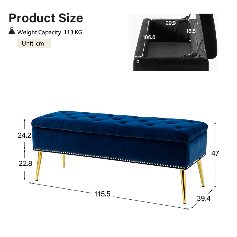 Velvet Upholstered Storage Bench with Gold Base & Nailhead Trim