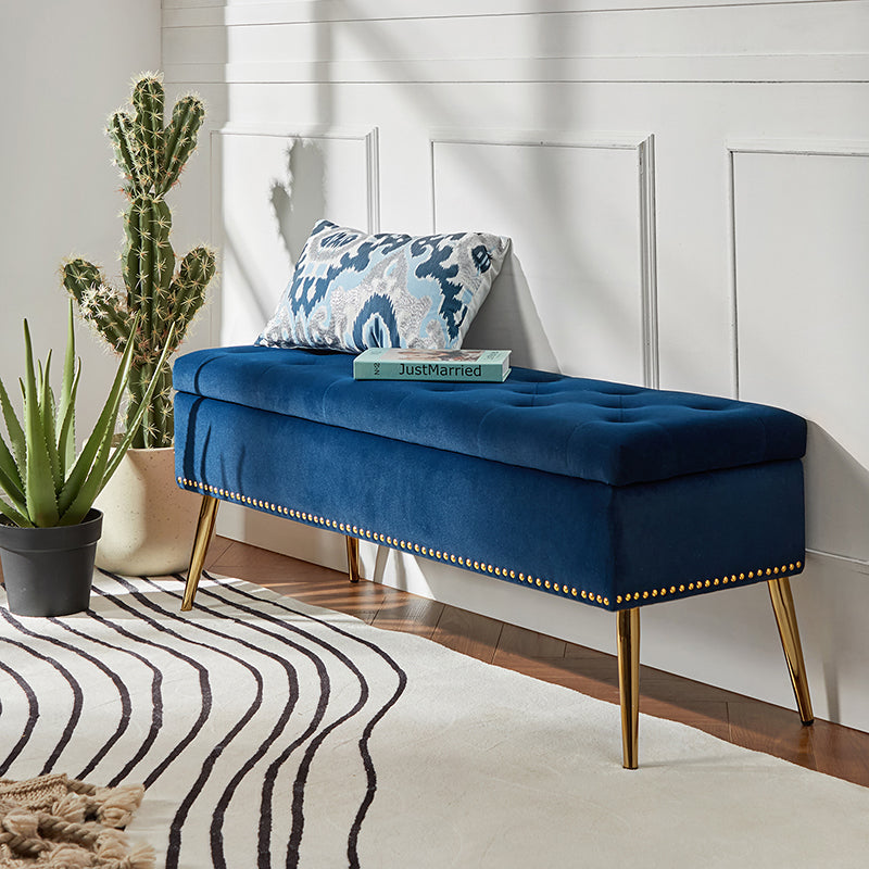 Velvet Upholstered Storage Bench with Gold Base & Nailhead Trim
