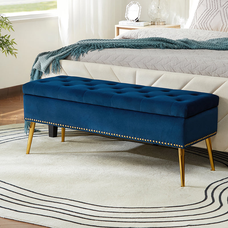 Velvet Upholstered Storage Bench with Gold Base & Nailhead Trim