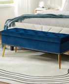 Velvet Upholstered Storage Bench with Gold Base & Nailhead Trim
