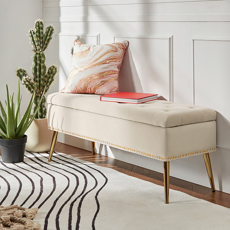 Velvet Upholstered Storage Bench with Gold Base & Nailhead Trim