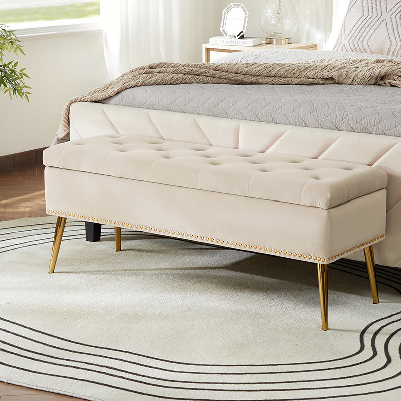 Velvet Upholstered Storage Bench with Gold Base & Nailhead Trim