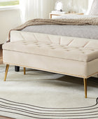 Velvet Upholstered Storage Bench with Gold Base & Nailhead Trim