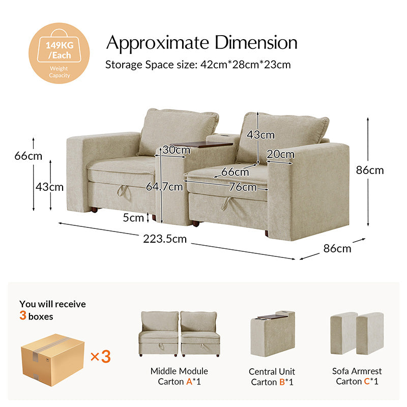 Miriam Sectional Sofa with Storage, Tabletop, Cup Holders & USB Ports