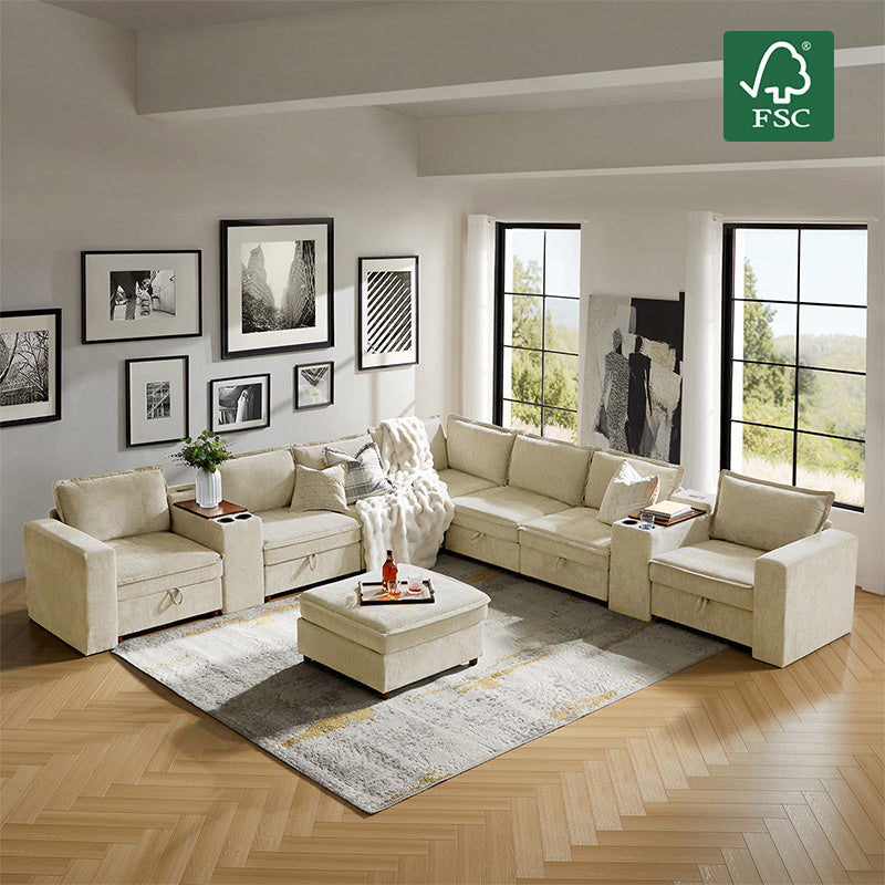 Miriam Sectional Sofa with Storage, Tabletop, Cup Holders & USB Ports